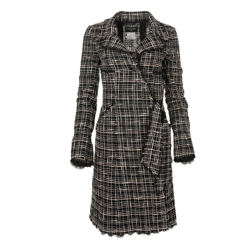 CHANEL black and white tweed wrap duster